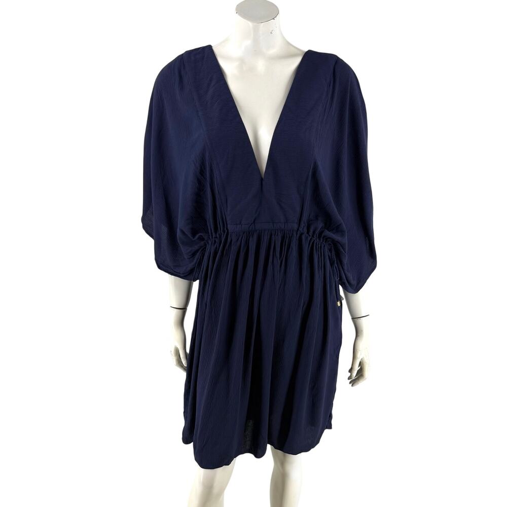 LRL Ralph Lauren Swim Cover Up Dress Plus 3X Navy Blue Crepe Kimono Sleeve NEW